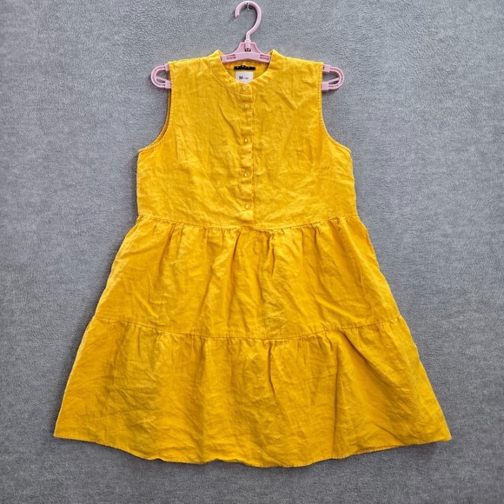 Sisley Women Dress M Yellow Mini A-Line 100%‎ Linen Sleeveless Tiered Button Up
